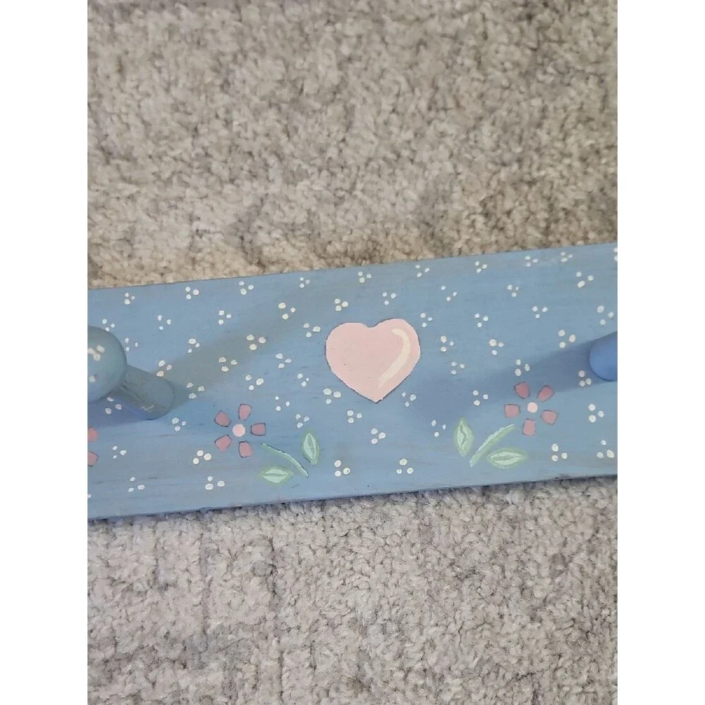 Hand Crafted Blue and Pink Wooden Heart Wall Peg Hook Rack